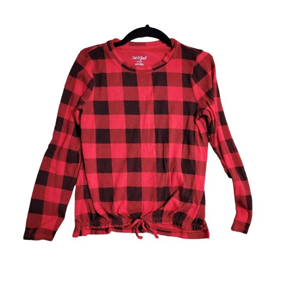 Cat & Jack Red Plaid Long Sleeve Drawstring Shirt Girls Size M 7/8 1089 - Picture 2 of 6